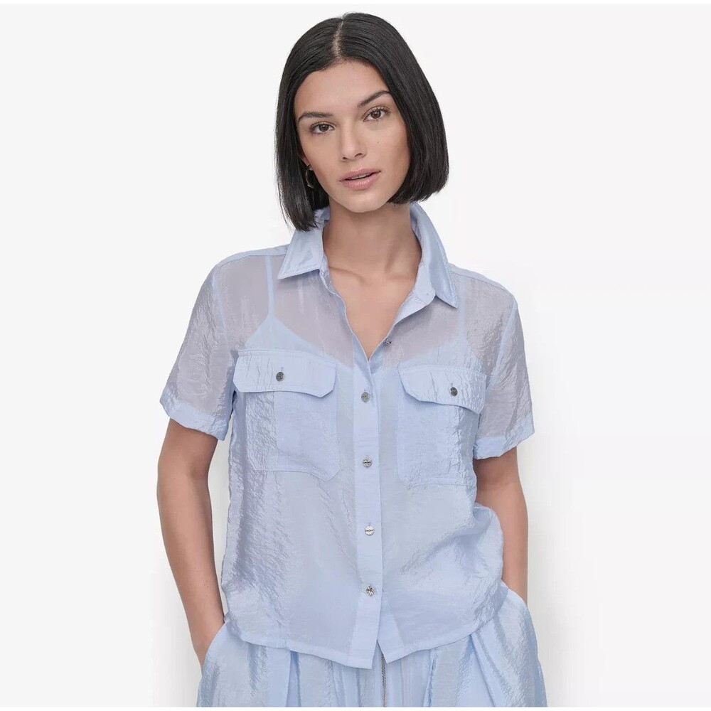 DKNY Women's Short-Sleeve Button-Front Tech Shirt Top Lightweight Sky Blue S
